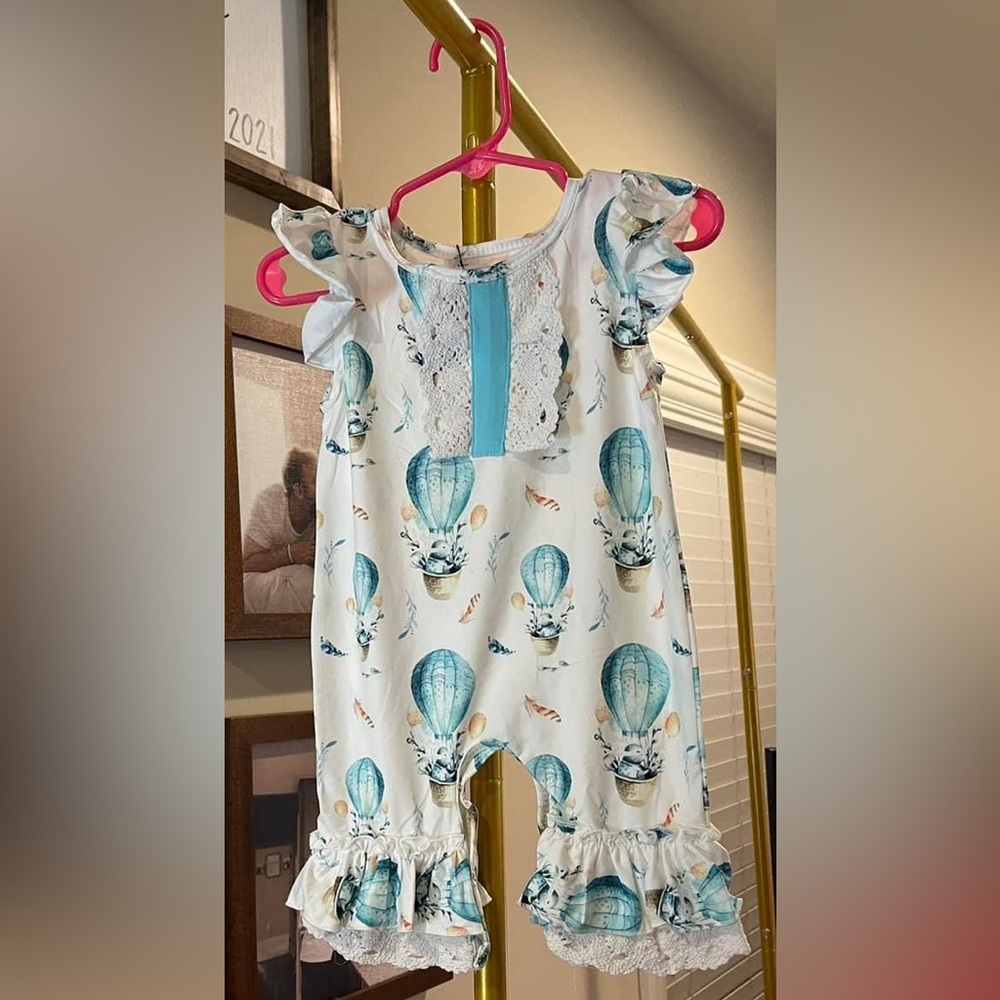 Okie & Lou Summer Onesie w/ rabbits and balloons  3-6m
